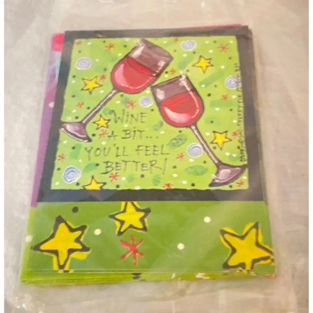 JUST FOR FUN Vintage 6/pk Note Cards Leanin'‎ Tree Lori Wiseman Wine Glasses NOS